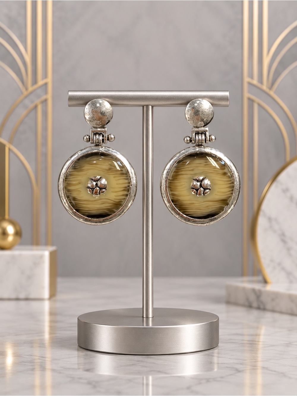vintage Inspired Silver Drop Earrings with Olive Center